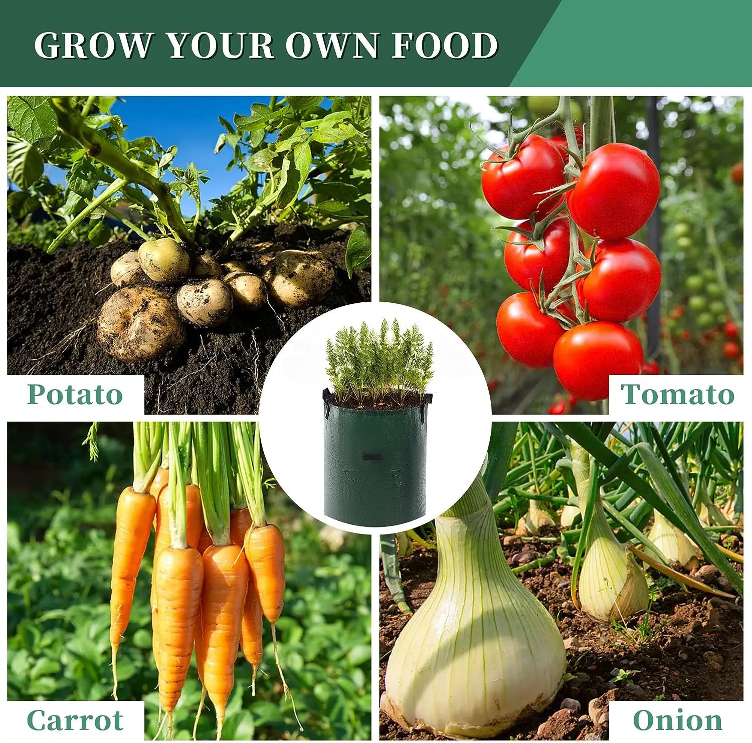 PE Fabric Grow Bags 3-10 Gallon —
DIY Vegetable Planter for Potato,
Onion & Garden Plant Growing