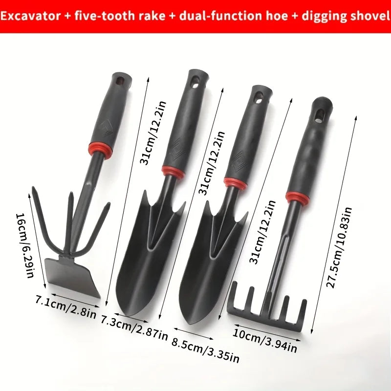 4 Piece Outdoor Garden Tool Set — 
Small Shovel, 5 Prong Rake & 
Double Headed Rake for Planting