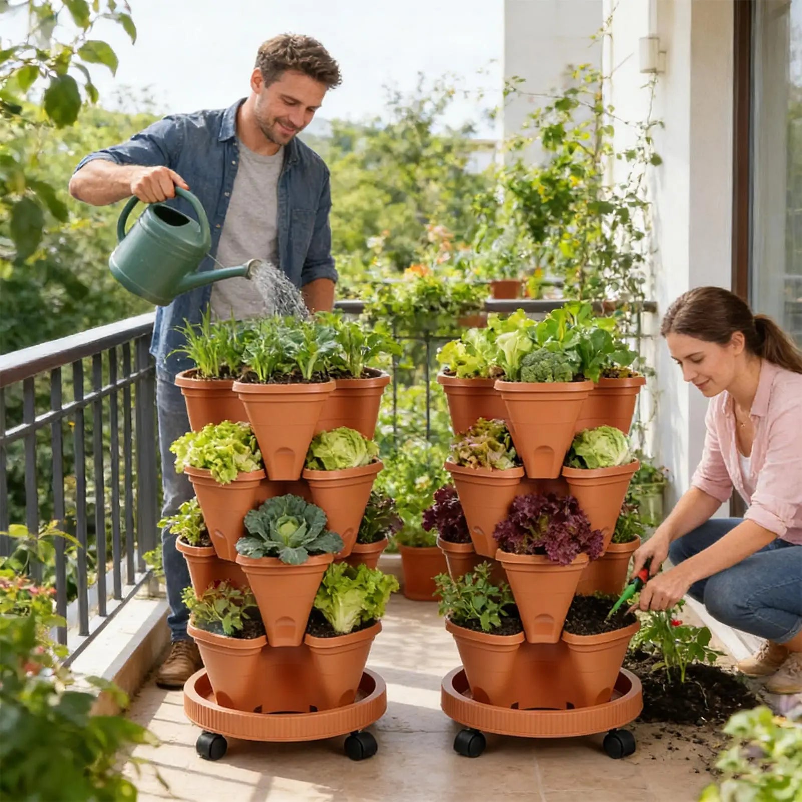 4 Tier Vertical Garden Tower Planter — Stackable Indoor & Outdoor Gardening Pots with Tray