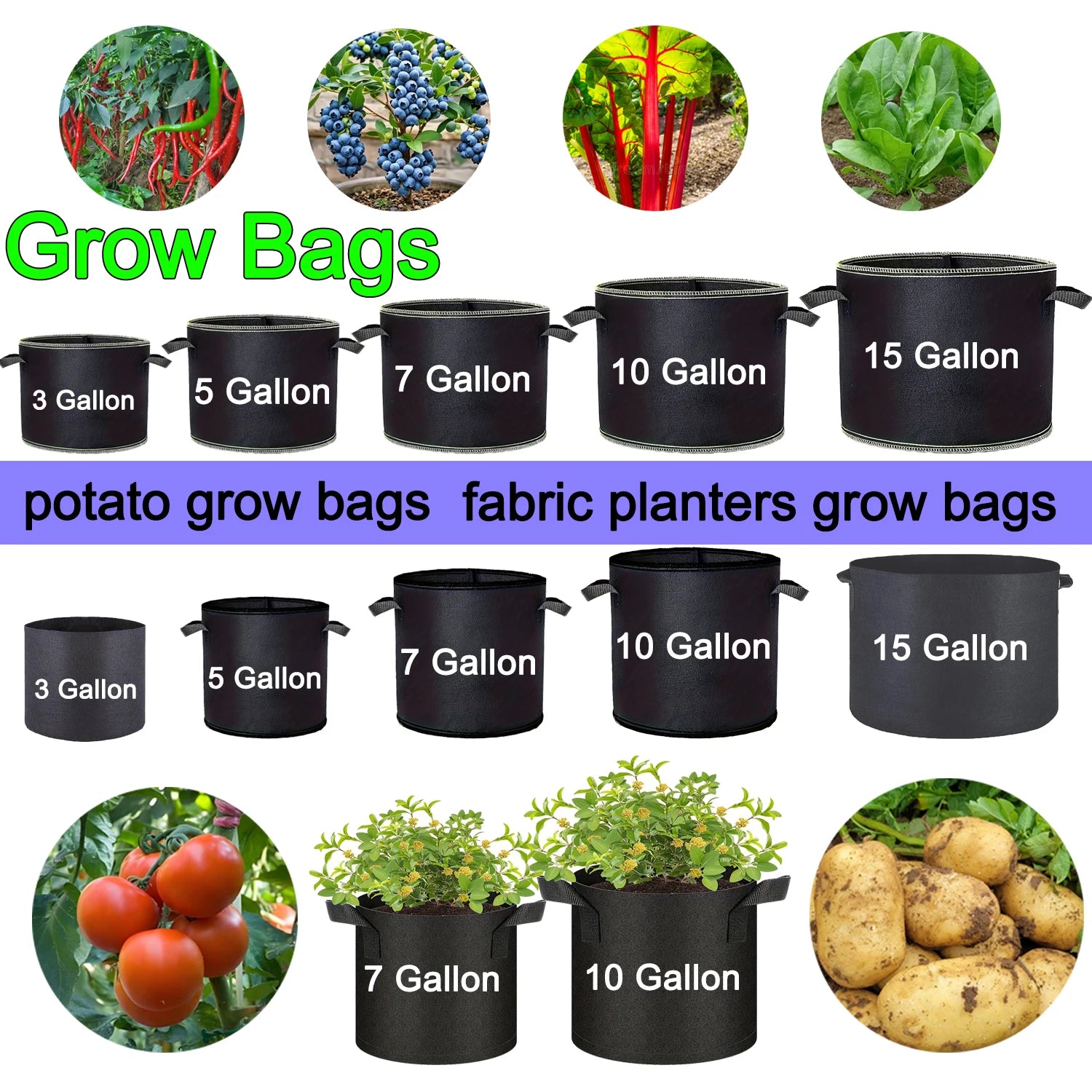 Fabric Grow Bags 5-15 Gallon — 
Potato, Tomato & Vegetable Planter 
Bags for Garden & Gifting