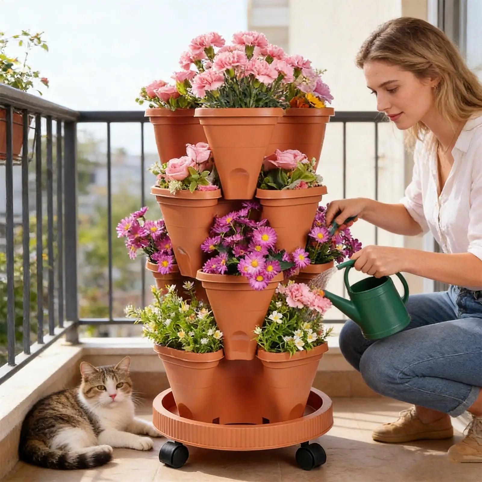 4 Tier Vertical Garden Tower Planter — Stackable Indoor & Outdoor Gardening Pots with Tray