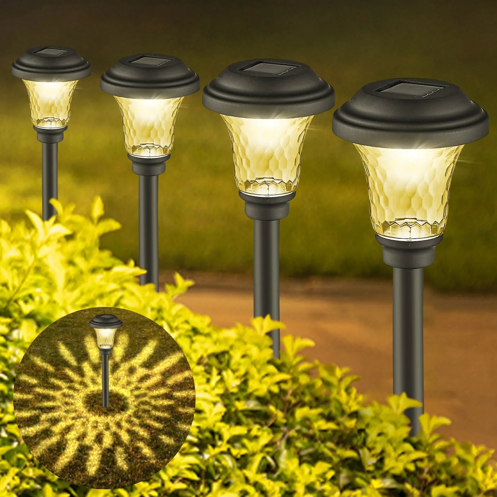 Solar LED Pathway Stake Lights IP65 
Waterproof — Glass Garden Path Lights 
for Yard, Patio & Walkway Lighting