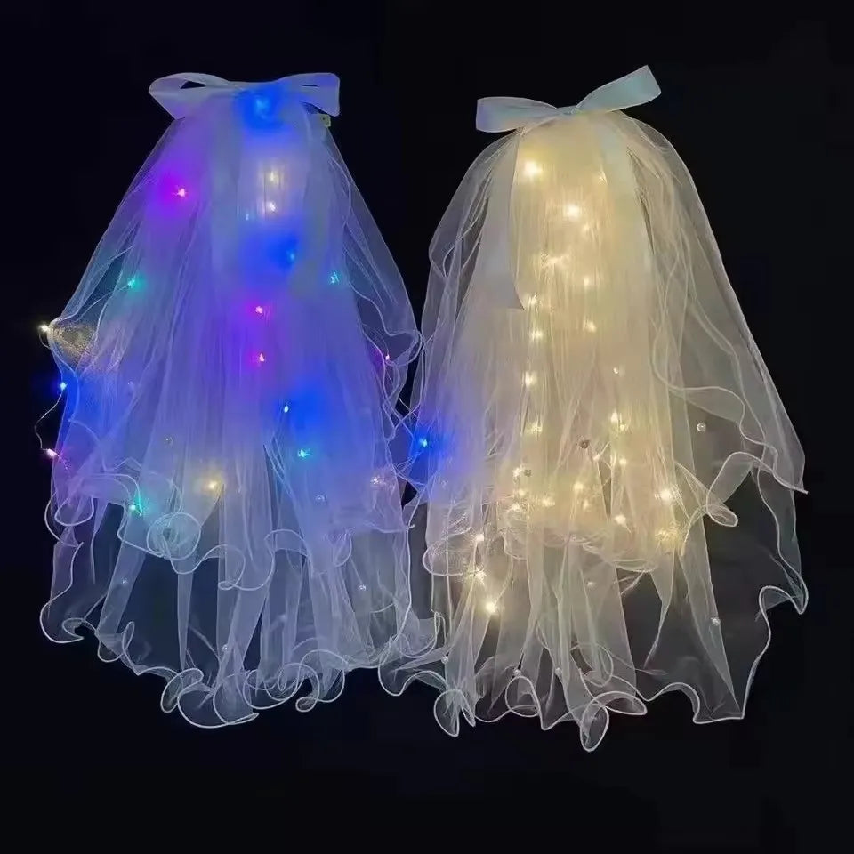 Glow Wedding Veil LED Light Bowknot Pearl Veil Glow In The Dark Party Favor Wedding Birthday Party Cosplay Hair Accessories
