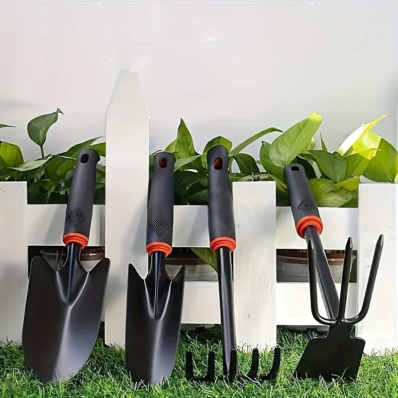 4 Piece Outdoor Garden Tool Set — 
Small Shovel, 5 Prong Rake & 
Double Headed Rake for Planting