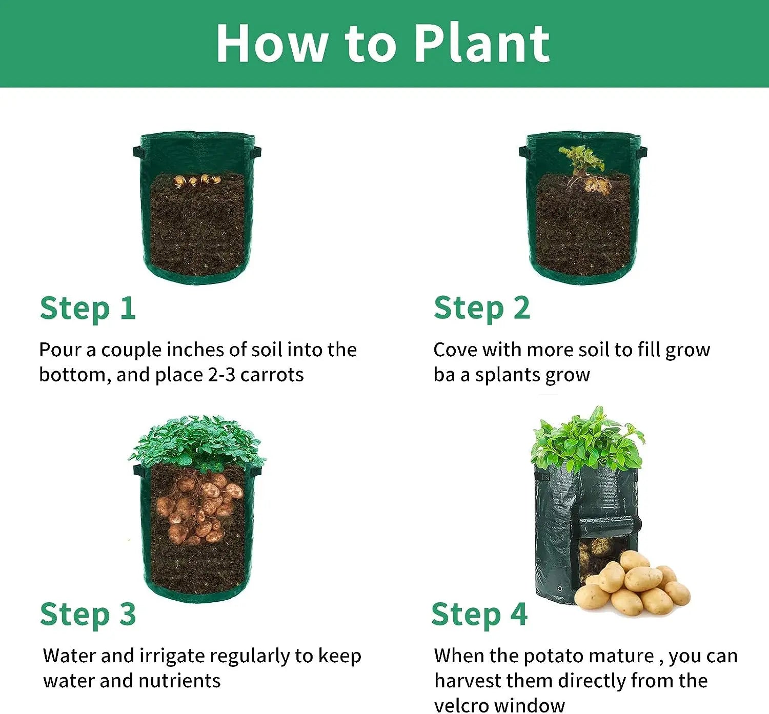 PE Fabric Grow Bags 3-10 Gallon — 
DIY Vegetable Planter for Potato, 
Onion & Garden Plant Growing