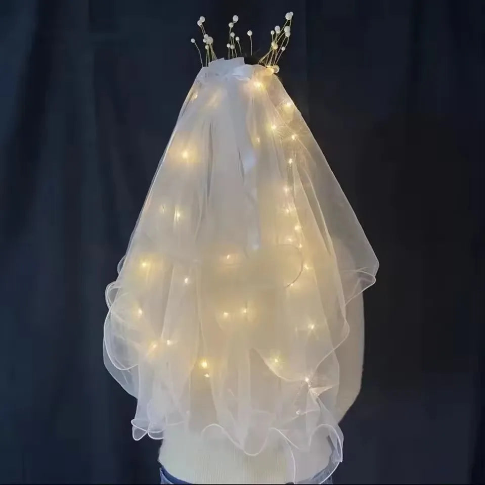Glow Wedding Veil LED Light Bowknot Pearl Veil Glow In The Dark Party Favor Wedding Birthday Party Cosplay Hair Accessories