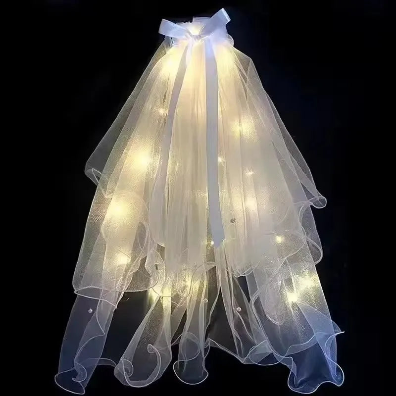 Glow Wedding Veil LED Light Bowknot Pearl Veil Glow In The Dark Party Favor Wedding Birthday Party Cosplay Hair Accessories