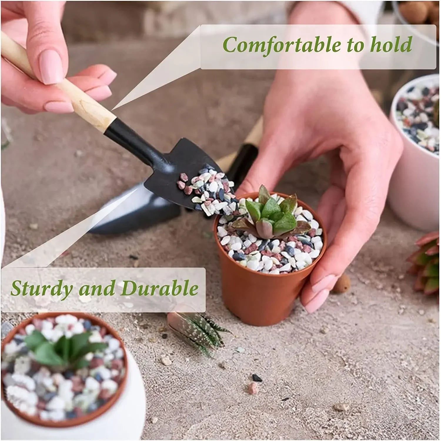Mini Garden Tools 3 Piece Set — 
Shovel, Rake & Trowel for Indoor 
Plants, Potting & Soil Gardening