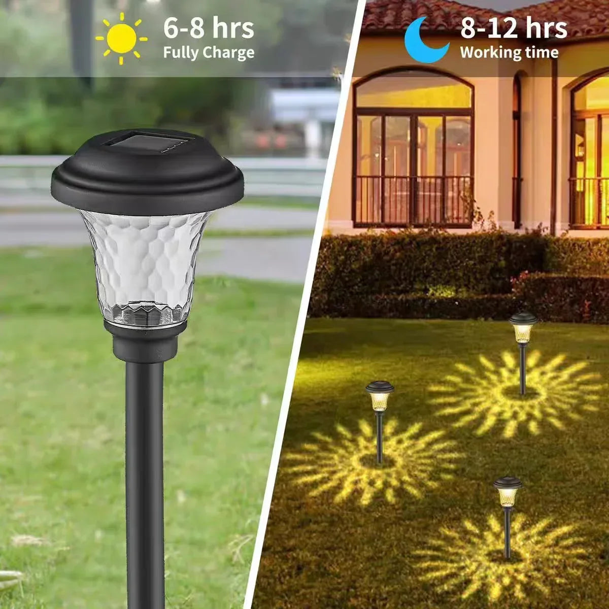 Solar LED Pathway Stake Lights IP65 
Waterproof — Glass Garden Path Lights 
for Yard, Patio & Walkway Lighting